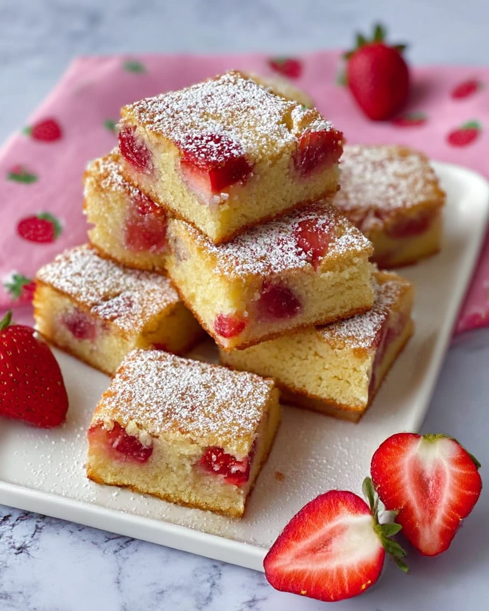 A stack of soft square pieces of strawberry cake is placed on a white rectangular plate. Each cake piece has a golden brown outside layer with a moist light yellow inside, embedded with bright red strawberry chunks. The top layer of the cake is dusted with fine white powdered sugar that lightly covers the strawberries on top. Around the plate, there are a few fresh red strawberries, including one cut in half showing its vibrant inner texture. The plate sits on a white marbled surface, with a pink cloth speckled with small white and green strawberry designs in the background. Photo taken with an iphone --ar 4:5 --v 7