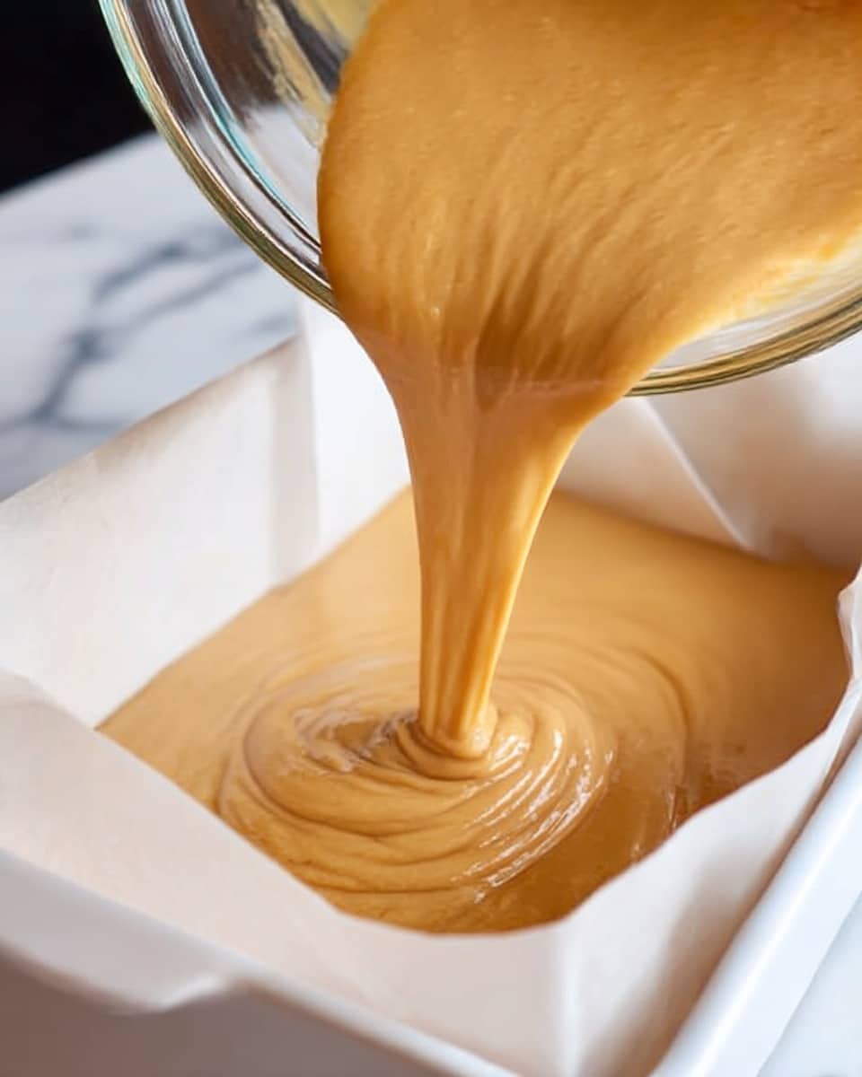 A close-up view of thick, smooth light brown batter being poured from a glass bowl into a white rectangular baking dish lined with parchment paper. The batter forms soft waves and folds as it fills the base of the dish, showing a glossy, creamy texture. The edges of the parchment paper are folded unevenly inside the baking dish. The background is a white marbled surface. Photo taken with an iphone --ar 4:5 --v 7