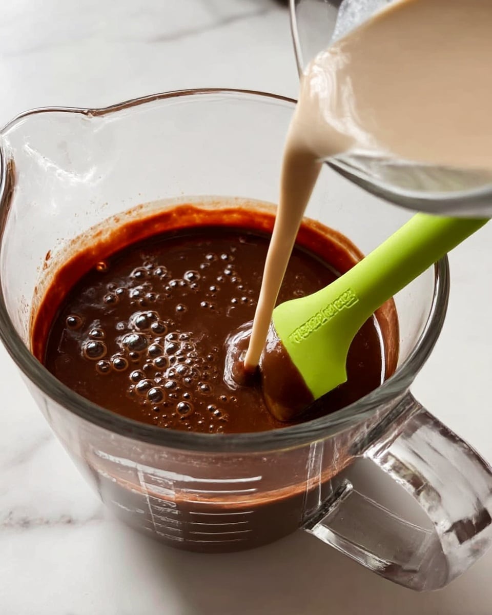 A clear glass measuring cup filled with dark brown chocolate mixture with small bubbles on the surface, a green spatula resting inside it, and a light beige liquid being poured into the chocolate mixture from a transparent container on the right side, all set on a white marbled surface photo taken with an iphone --ar 4:5 --v 7