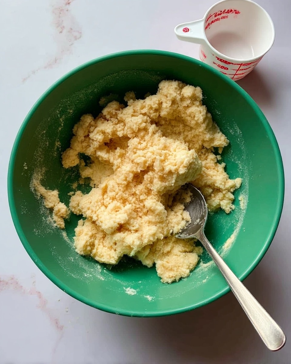 A green mixing bowl filled with pale yellow crumbly dough that has a rough texture, spread unevenly inside the bowl. A metal spoon is partially inserted into the dough, positioned more toward the right side, with some dough pressed around it. To the upper right of the bowl, a white measuring cup with red markings is placed on a white marbled surface. The scene is well-lit and simple, focusing on the dough and bowl. photo taken with an iphone --ar 4:5 --v 7