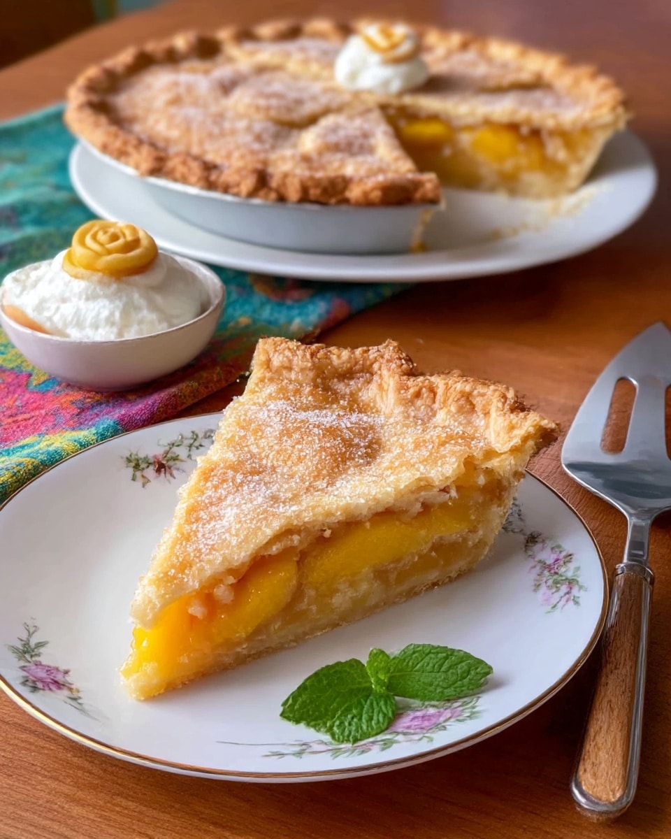A single slice of golden brown peach pie sits on a white plate with a delicate floral pattern, showing two layers of crust with a soft yellow peach filling in the middle. The top crust is slightly crumbly with sugar sprinkled on it. Next to the pie slice is a dollop of white whipped cream topped with a small green mint leaf. In the background, the rest of the peach pie is on a plain white plate, decorated with two small dough flowers on top. There is a slotted pie server to the right of the pie, and a small white bowl filled with whipped cream. All these items sit on a wooden table with a colorful cloth nearby. Photo taken with an iphone --ar 4:5 --v 7