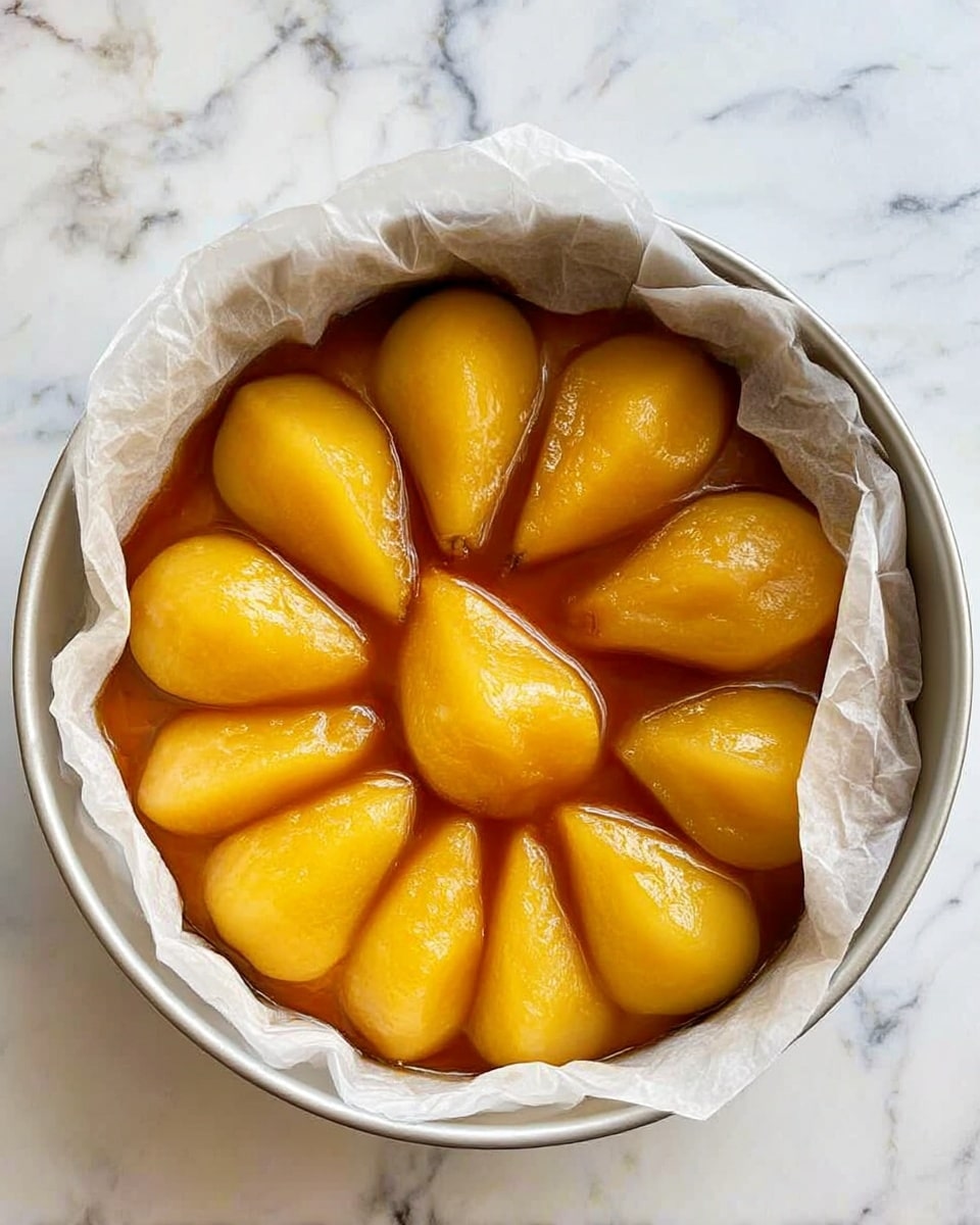 A round baking pan lined with crumpled white parchment paper holds a single layer of golden yellow pear halves arranged in a circle with the cut sides facing up, sitting in a thick, shiny amber caramel sauce that fills the pan. The pears are soft and smooth, showing slight caramelized edges. This is all placed on a surface with a white marbled texture photo taken with an iphone --ar 4:5 --v 7