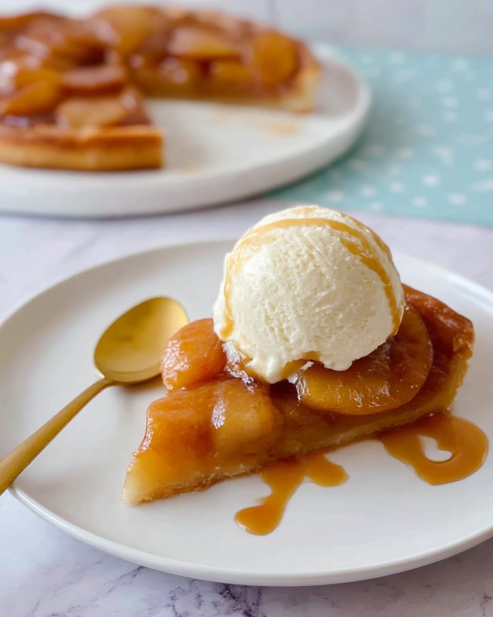 A white plate holds one slice of a golden brown glazed tart with visible glossy fruit slices on top, covered partially by a large scoop of creamy white ice cream in the center. A drizzle of amber-colored sauce runs over the ice cream and onto the tart. A gold spoon leans inside the plate on the left side. In the blurred background, a white plate with the rest of the tart is visible on a light blue surface with small white dots. The whole scene is set against a white marbled texture. photo taken with an iphone --ar 4:5 --v 7