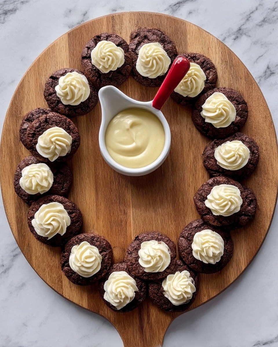 A curved line of dark brown chocolate cupcakes sits on a wooden board with powdered sugar scattered on it. Each cupcake has a swirl of creamy white frosting on top, adorned with bright red raspberries, strawberries with green leaves, and dark cherries. A golden syrup drizzle shines over the cupcakes and the board. In the middle background, there is a small red and white sauce dish with cream dripping slowly down its side. The whole scene is set on a white marbled surface. photo taken with an iphone --ar 4:5 --v 7