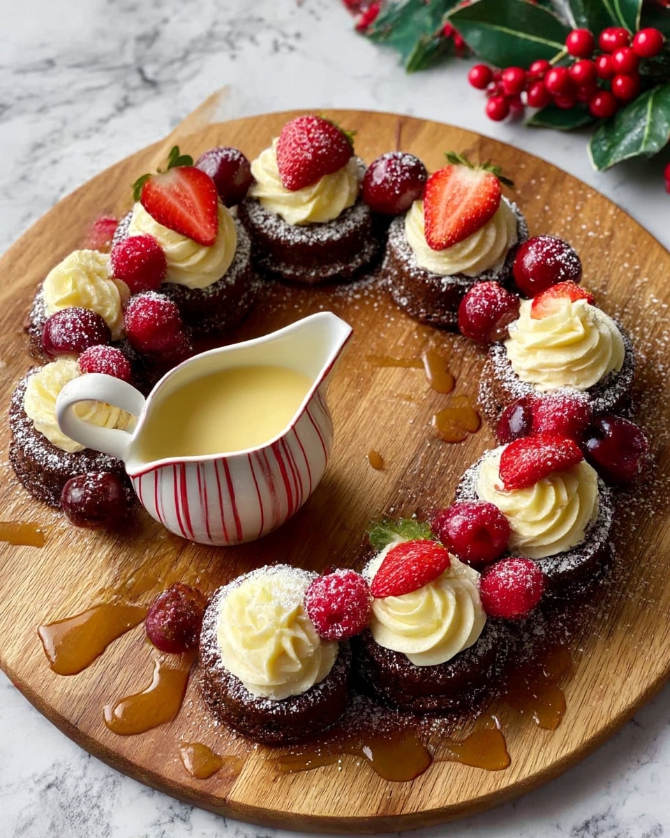 A round wooden board holds a wreath-shaped dessert made of dark brown cupcake bases arranged in a circle. Each cupcake is topped with a swirl of light yellow cream, fresh red strawberries, rich red cherries, and bright red raspberries. The cupcakes are lightly dusted with white powdered sugar, and there is a drizzle of caramel sauce on and around them. Inside the wreath is a small white gravy boat with red stripes, filled with a pale yellow sauce. The board sits on a white marbled surface, and in the background, there are some green leaves and red berries adding a festive touch. photo taken with an iphone --ar 4:5 --v 7