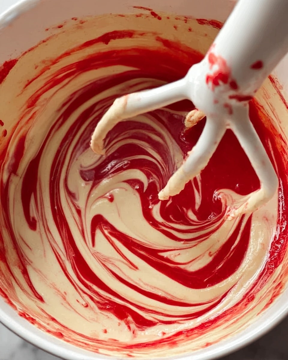 The image shows a close-up of a mixing bowl with beige batter swirled into bright red liquid. The mixture has a marbled pattern with many thin and thick beige trails spreading over the red base. There is a white mixer attachment dipped into the bowl, covered partly with bits of the beige batter and small red splashes. The bowl interior is also covered with some streaks of both colors. The photo has a clear focus on the textured swirl pattern inside the white bowl, placed on a white marbled surface. Photo taken with an iphone --ar 4:5 --v 7