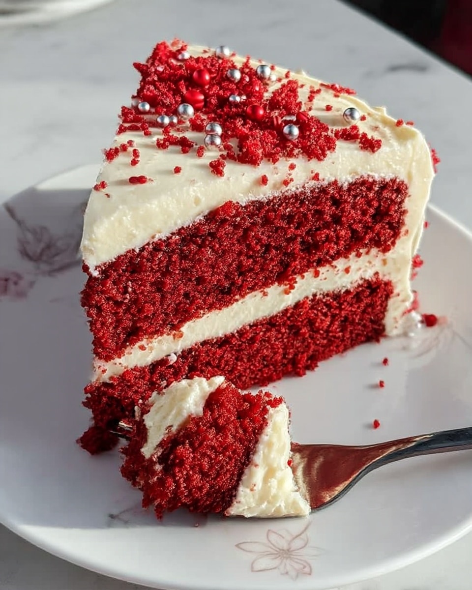 A two-layer round red velvet cake with creamy white frosting covers the top and sides, decorated with red sprinkles and a few silver and red edible beads scattered on top and the sides. One slice is cut and placed on a white plate in front of the cake stand, showing the deep red color of the cake layers separated by a thick layer of white frosting. The cake sits on a white cake stand with a textured edge, placed on a wooden surface with green leaves beside it, and a red cloth with a silver cake server nearby. The background is white marbled texture. photo taken with an iphone --ar 4:5 --v 7