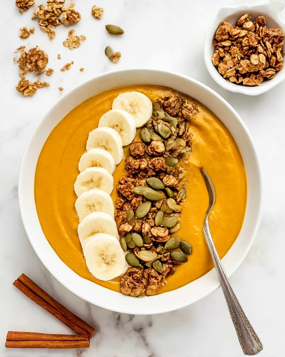 A white bowl filled with a thick layer of smooth orange pumpkin puree, topped with a neat row of light yellow banana slices on one side, and a cluster of crunchy brown granola mixed with light green pumpkin seeds on the other side. A silver spoon is placed inside the bowl, resting on the puree next to the seeds and granola. The bowl sits on a white marbled surface with scattered granola in a small white dish nearby, and two cinnamon sticks resting to the side. photo taken with an iphone --ar 4:5 --v 7