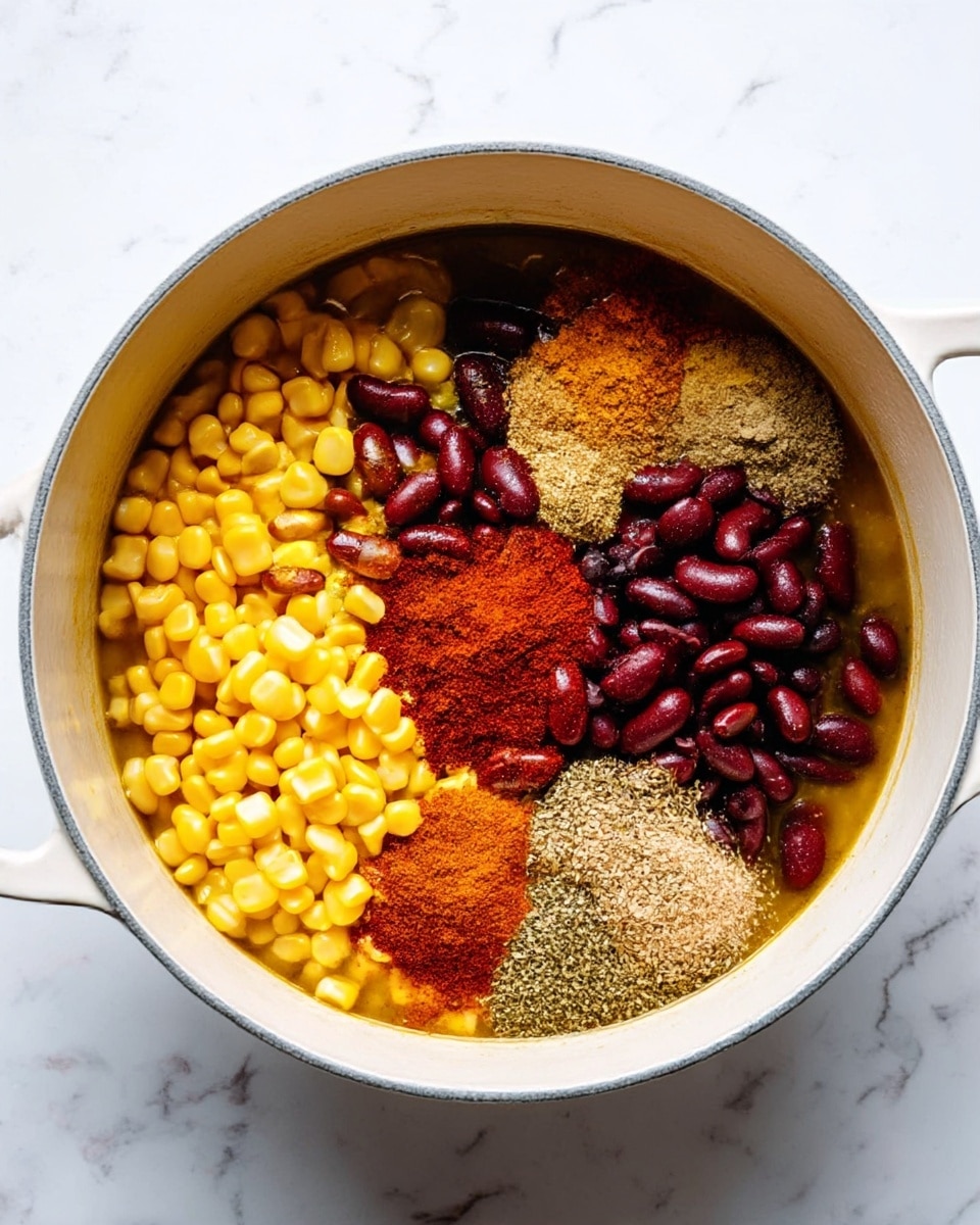 A white pot filled with layers of ingredients placed on a white marbled surface. The bottom layer is a golden liquid broth. On top of the broth, there are four main sections: bright yellow corn kernels in the bottom left, dark red kidney beans in the middle right, black beans in the top left, and a mix of four different spices scattered over each section — rusty red chili powder, light brown cumin, light orange paprika, and dried oregano. The colors and textures are distinct, with the beans looking smooth and shiny, the corn bright and plump, and the spices powdery and vibrant. Photo taken with an iphone --ar 4:5 --v 7