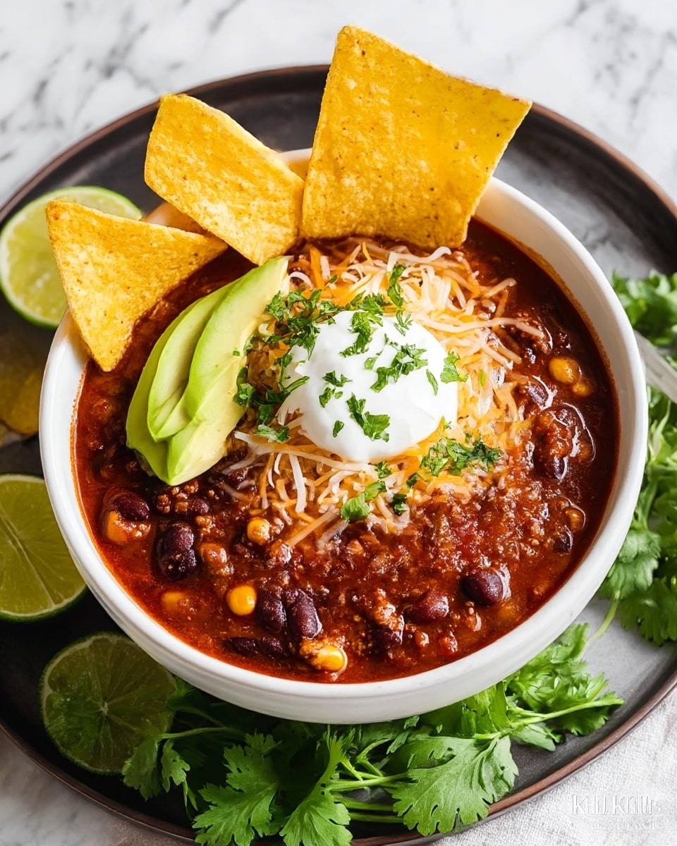 A white bowl filled with a thick, dark red chili base containing black beans, corn, and small bits of brown meat. On top of the chili, there is a layer of shredded orange and white cheese melting slightly, sprinkled with bright green chopped cilantro. A dollop of white sour cream sits in the center, next to slices of light green avocado on both the top left and bottom right edges of the bowl. Two large yellow tortilla chips are placed upright on the left side of the bowl. The bowl rests on a round dark tray scattered with fresh green cilantro and lime wedges around it, all placed on a white marbled surface. photo taken with an iphone --ar 4:5 --v 7