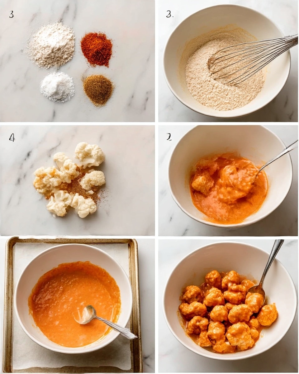 The image shows a six-step process of making a dish. The first step has a white bowl with several dry ingredients stacked in small piles: white flour, red spice, brown spice, and salt, all on a white marbled surface. The second step shows the same bowl with these dry ingredients mixed into a light beige powder with a metal whisk resting inside. The third step has a white bowl with an orange liquid batter and white cauliflower florets sitting on top. The fourth step shows the cauliflower pieces mixed and coated in the orange liquid batter with a silver spoon stirring them in the bowl. The fifth step depicts the cauliflower pieces spread out on parchment paper lined on a baking tray, golden and crispy from baking. The final step shows the cooked cauliflower back in the white bowl, fully coated in a bright orange sauce with the silver spoon resting inside. Photo taken with an iphone --ar 4:5 --v 7