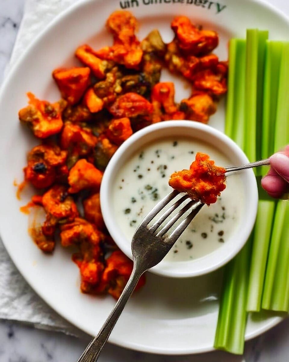 A white plate with a zigzag edge holds many small cauliflower pieces covered in bright orange sauce, arranged mostly on the left side. On the right side, there are three long, fresh celery sticks positioned vertically. Near the top center of the plate, a small white bowl filled with creamy white dipping sauce topped with black pepper and small brown flakes sits surrounded by the cauliflower. The plate is set on a white marbled surface. photo taken with an iphone --ar 4:5 --v 7