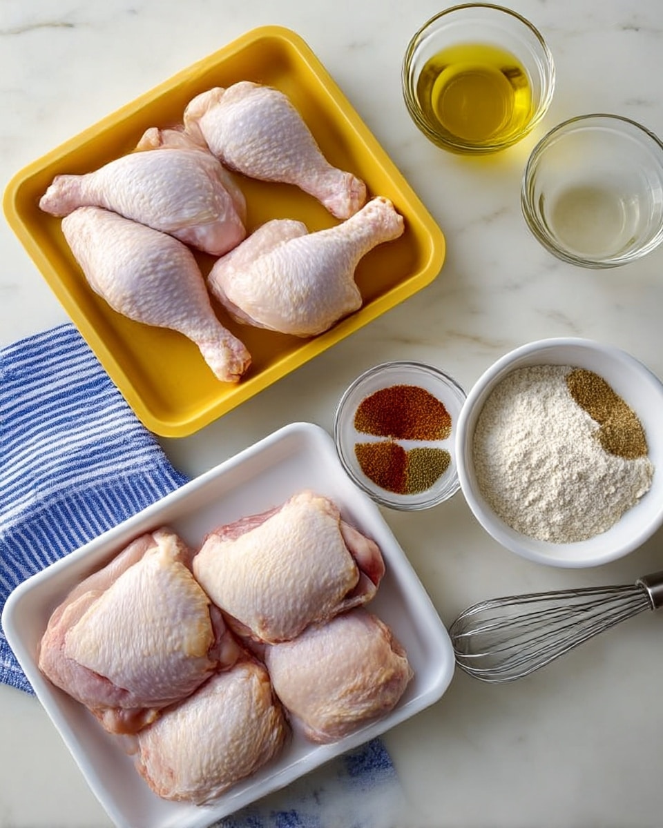 The image shows three white trays with different raw chicken pieces placed on a white marbled surface. The top tray has four chicken drumsticks with pale pink skin. The yellow tray on the left holds four chicken thighs with light yellowish skin. The tray below the drumsticks has two large and thick chicken thighs with skin that is pale pink with some red patches. To the right of these trays, there is a small clear glass bowl filled with yellow oil, next to a white bowl with a mix of red, white, and brown spices evenly divided in sections. Further right, there is a clear glass bowl filled with white flour. A silver whisk rests on a blue cloth with white stripes, placed on the white marbled surface. photo taken with an iphone --ar 4:5 --v 7