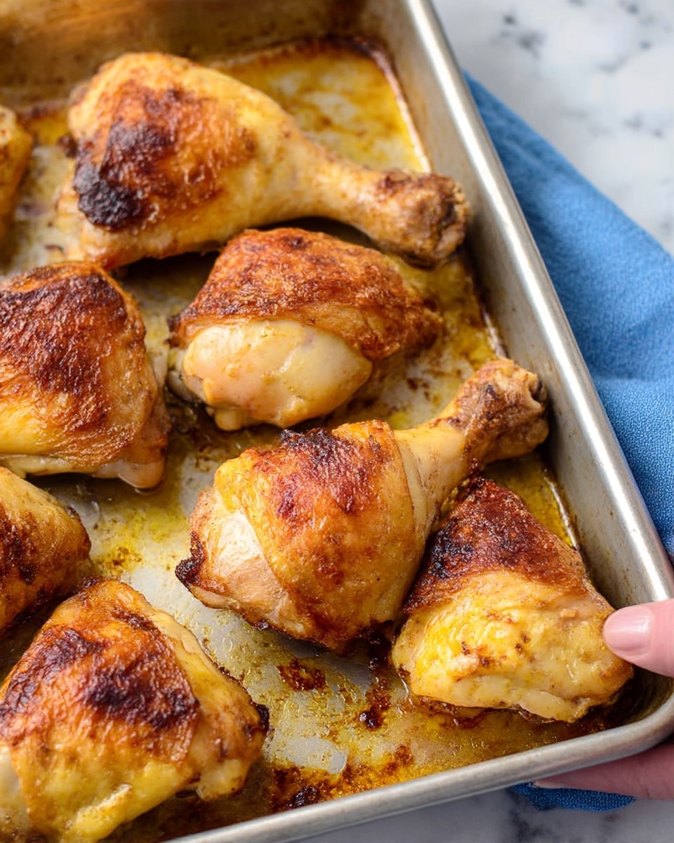 The image shows several pieces of cooked chicken with golden brown, crispy skin. The chicken pieces, including drumsticks and thighs, are placed close to each other on a metal baking tray that has some oil and browned spots from cooking. The skin on the chicken looks crunchy with a mix of light yellow and dark brown colors. A woman's hand is holding the edge of the tray, which sits on a white marbled surface with a blue cloth nearby. photo taken with an iphone --ar 4:5 --v 7