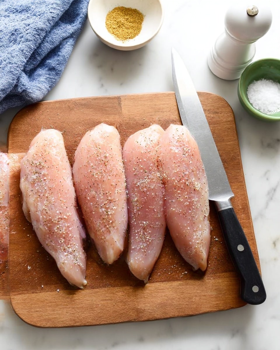 The image shows four raw chicken fillets placed side by side on a brown cutting board with rounded corners, each sprinkled evenly with a light coating of salt and pepper, giving a speckled look of white and black on the pink surface of the fillets. A large silver knife with a black handle rests on the right side of the cutting board, partially on top of the fillets. To the top right, there is a small white pepper grinder next to a small green bowl filled with white salt. On the left side, a folded blue towel lies on the white marbled countertop, where a shallow white bowl containing a yellow spice is slightly visible. The overall background is bright with soft natural light. photo taken with an iphone --ar 4:5 --v 7