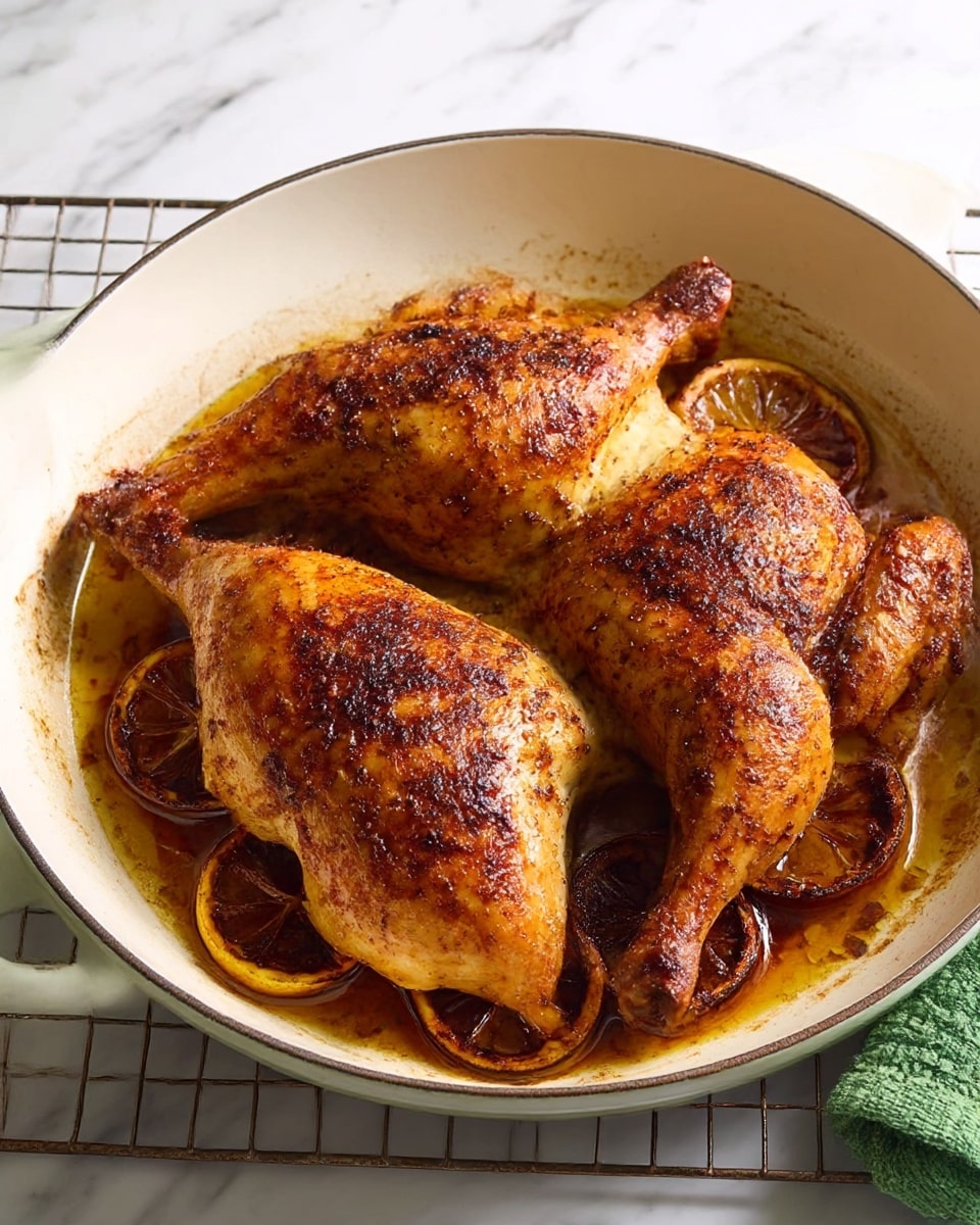 The image shows a cooked whole chicken with a golden brown, crispy skin in a white skillet. The chicken is split into two halves, with visible seasoning covering the surface, giving it a textured, slightly charred look. There are dark brown cooked lemon slices at the bottom of the skillet, surrounded by juices and oils. The skillet rests on a wire rack over a white marbled surface, with a green oven mitt partially visible on the edge. photo taken with an iphone --ar 4:5 --v 7