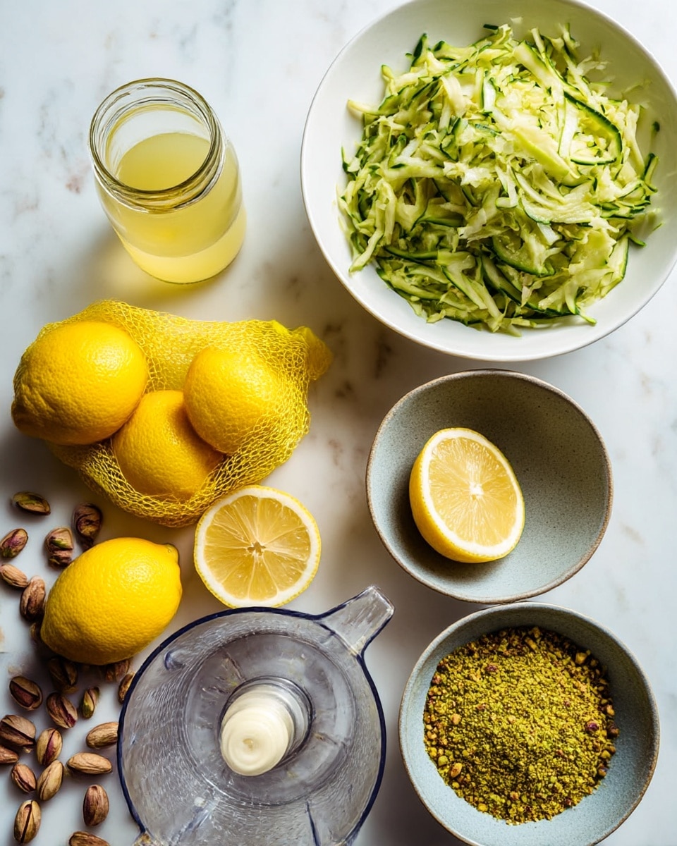 The image shows a flat lay of fresh cooking ingredients on a white marbled surface. At the top right, a white bowl holds shredded green zucchini with a mix of light and dark green shades, creating a soft, moist texture. To the left, a small jar contains pale yellow liquid, likely oil. Below the jar, a yellow mesh bag holds four bright yellow lemons, while beside it two squeezed lemon halves and one whole lemon rest freely on the surface. Near the bottom center, a clear glass juicer holds a lemon half positioned to squeeze juice. To the right of the juicer, a grey bowl with a slightly rough texture is filled with finely ground pistachios, presenting a vibrant green powdery layer. Finally, scattered pistachio nuts with rich brown and green tones are spread around the bottom left corner of the scene. The light is bright and natural, enhancing the fresh colors and textures. photo taken with an iphone --ar 4:5 --v 7