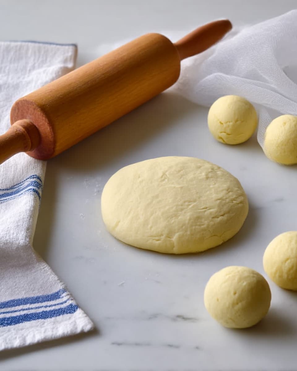 The image shows a smooth, flattened round dough piece in the center on a white marbled surface, with three small, round dough balls lined up horizontally behind it. To the left, there is a wooden rolling pin lying flat on the same surface. A white cloth with blue stripes is partially visible near the rolling pin, and a sheer white fabric is draped at the back of the scene. Photo taken with an iphone --ar 4:5 --v 7