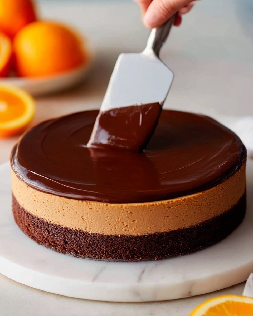 A slice of chocolate mousse cake sits on a white plate with a gold spoon holding a bite-sized piece in front of it. The cake has three layers: a bottom dark chocolate crust, a thick middle layer of light brown chocolate mousse with a smooth texture, and a glossy dark chocolate ganache on top. The top is garnished with a bright orange slice and two half chocolate-covered orange wedges, one placed upright and the other lying on the side. In the background, a cake stand holds the rest of the cake with a missing slice, and a glass bottle of milk and orange slices are visible, all set on a white marbled surface. Photo taken with an iphone --ar 4:5 --v 7
