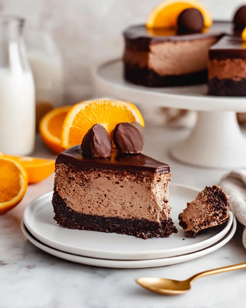 The image shows a round chocolate cake with three visible layers on a white marbled cake stand with a wooden base. The bottom layer is dark brown and dense, the middle layer is lighter brown with a smooth texture, and the top layer is glossy dark chocolate. The cake is decorated with alternating slices of bright orange and round dark chocolate pieces placed neatly around the top edge. In the foreground, there is a white plate with a fork and knife resting on it, and in the background, there is a blurred bottle of milk and half an orange on a white marbled surface. Photo taken with an iphone --ar 4:5 --v 7