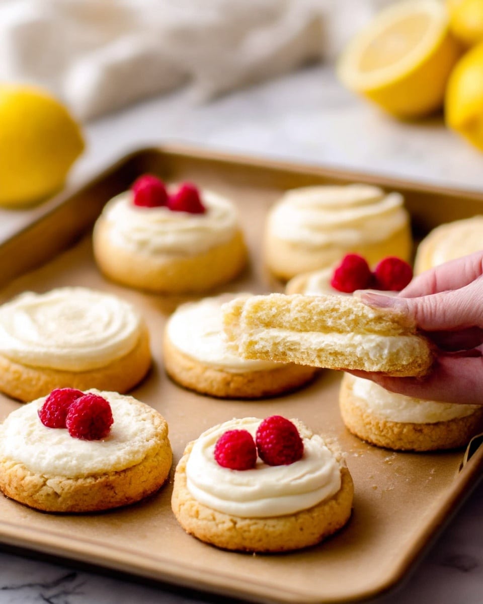 A close-up view of nine round cookies on a baking tray, each with two layers: a thick, light golden-brown base layer with a crumbly, slightly rough texture and a top creamy, smooth white layer. Two of the cookies are decorated with three bright red raspberries evenly spaced on the cream layer, while another cookie is held by a woman's hand showing its soft, dense cream filling inside. The background has a white marbled texture with out-of-focus lemons and a cloth in soft light. Photo taken with an iphone --ar 4:5 --v 7