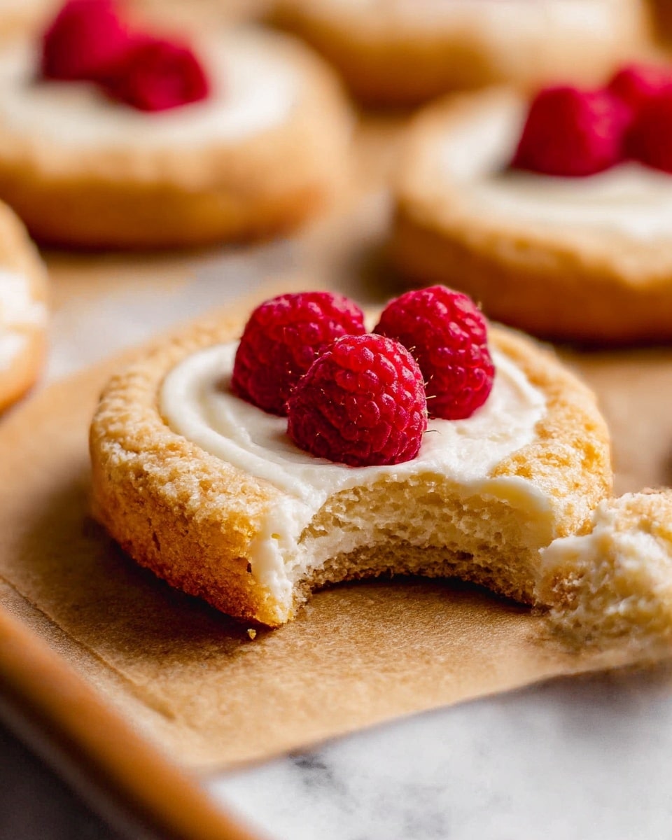 The image shows multiple round, light golden baked pastries with a crumbly edge layer. Each pastry has a thick creamy white filling spread in the center, with one pastry topped with three bright red raspberries. The pastries rest closely together on a brown textured surface with small crumbs scattered around. Photo taken with an iphone --ar 4:5 --v 7