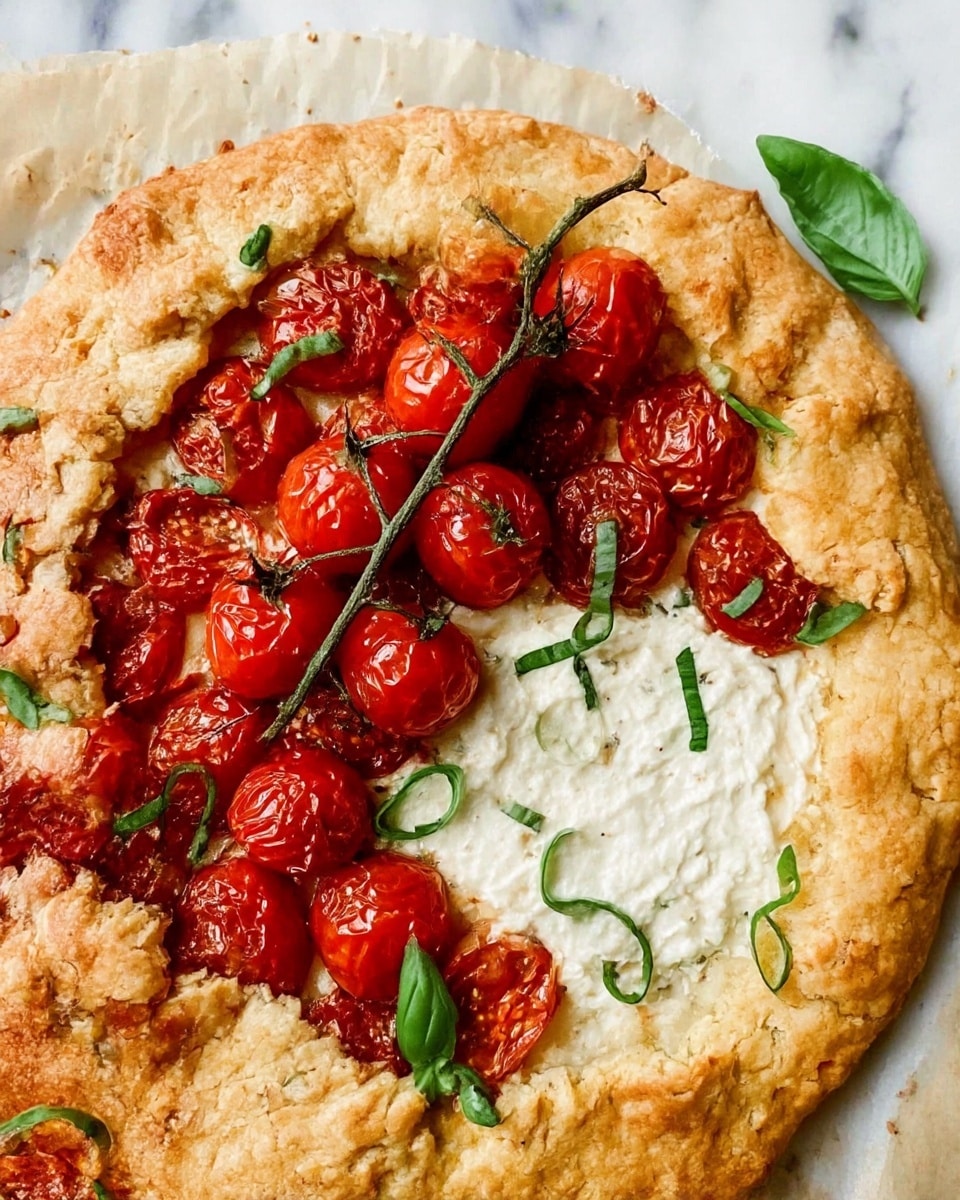 A rustic galette sits on a sheet of brown parchment paper over a white marbled surface. The galette has a golden, flaky crust folded unevenly over the filling, showing some layers of crispy texture. Inside, there are bright red cherry tomatoes still on the vine, forming a cluster near the bottom center. White dollops of soft cheese are scattered generously, some melting slightly, adding a creamy texture. Fresh green basil leaves, both whole and sliced thinly, are spread across the surface, adding color contrast and freshness. The edges of the galette crust have a coarse sugar sprinkle, giving a slightly crunchy finish. Photo taken with an iphone --ar 4:5 --v 7