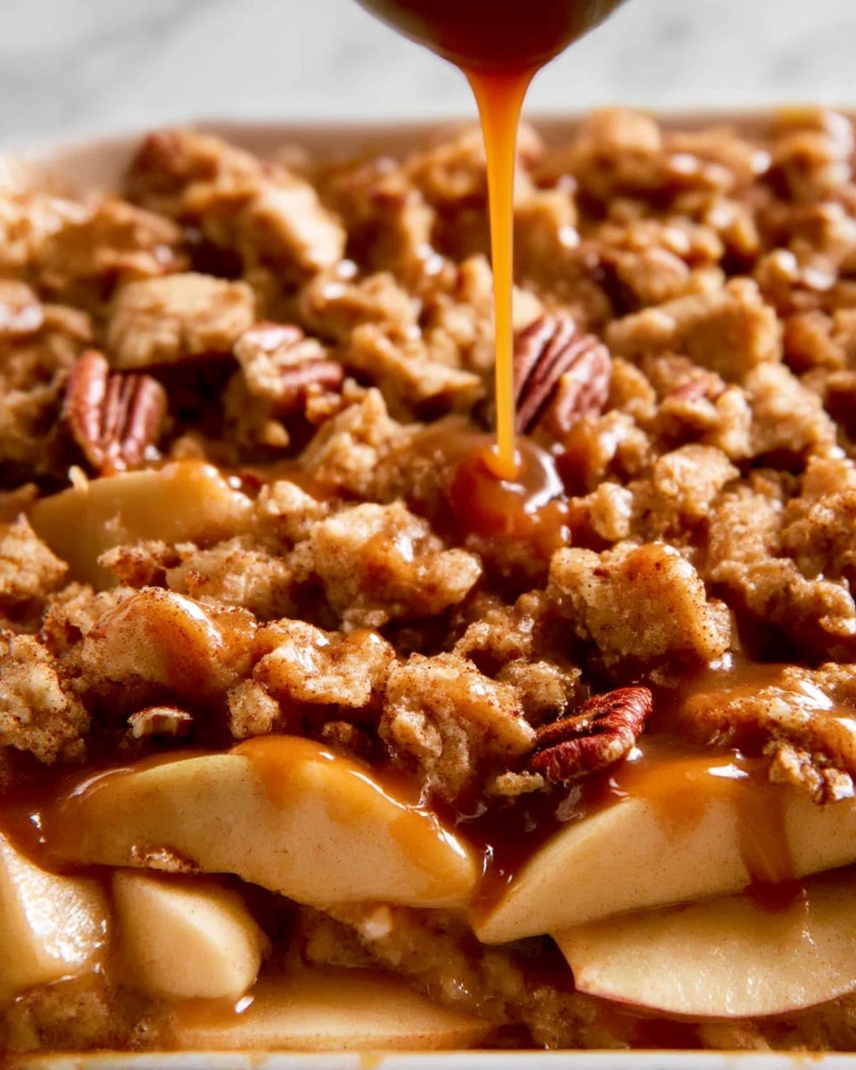 A close-up view of a thick dessert bar with three visible layers: the bottom layer is a dense, crumbly light brown crust; the middle layer is creamy and slightly twisted with a pale, off-white color; the top layer is a chunky mix of golden-brown pieces that look like nuts and apple slices, covered in a shiny caramel glaze. The background is a white marbled surface showing part of the dessert removed, revealing the layers inside. Photo taken with an iphone --ar 4:5 --v 7