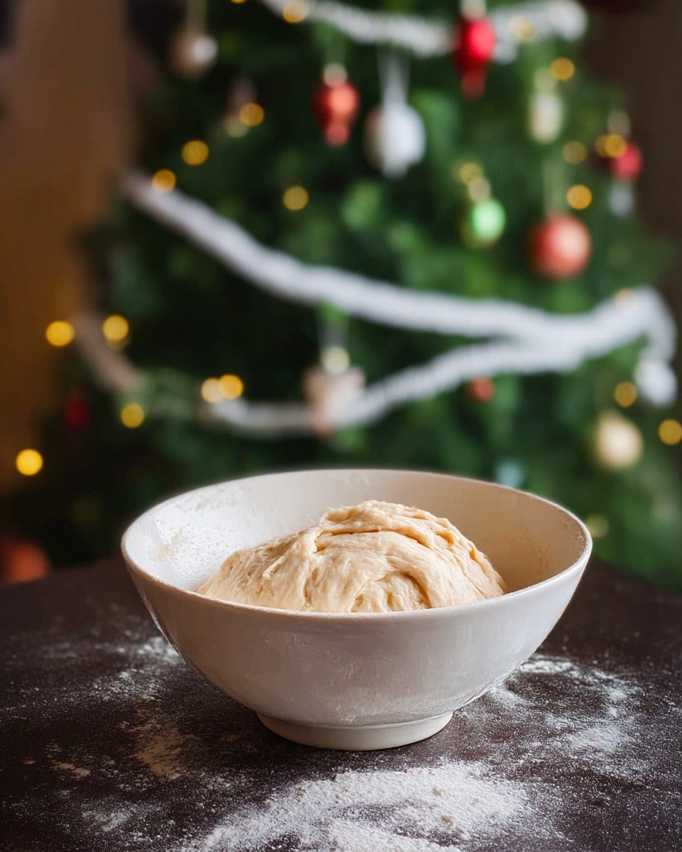 A white bowl filled with smooth, light beige dough with visible soft folds pressed in the center, placed on a dark surface with some scattered flour. In the background, there is a blurred green Christmas tree decorated with white garlands and various colorful ornaments, adding a festive atmosphere. photo taken with an iphone --ar 4:5 --v 7