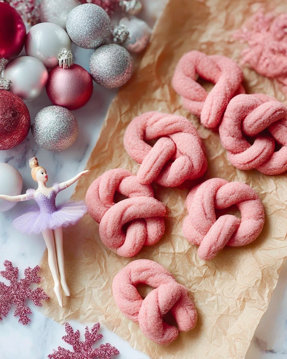 The image shows several pieces of bright pink dough shaped into twisted loops with a textured surface, arranged close to each other on crumpled brown parchment paper. Each piece has a smooth but ridged appearance, giving a sense of soft, pliable dough ready to be baked. The background contrasts the vivid pink color with its natural brown paper texture. photo taken with an iphone --ar 4:5 --v 7