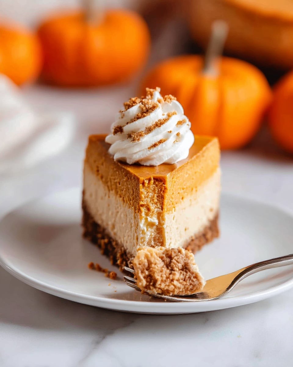The image shows a round pie with three layers: a crumbly brown crust around the edge, a creamy filling in the middle with light and dark swirls forming a pattern, and a ring of white whipped cream piped around the top edge, sprinkled with a light brown powder. On top of the whipped cream are two cinnamon sticks and star anise placed decoratively. The pie is on a white plate sitting on a white marbled surface, surrounded by multiple small orange and yellow decorative pumpkins and squash, with some candles blurred in the background. Photo taken with an iphone --ar 4:5 --v 7