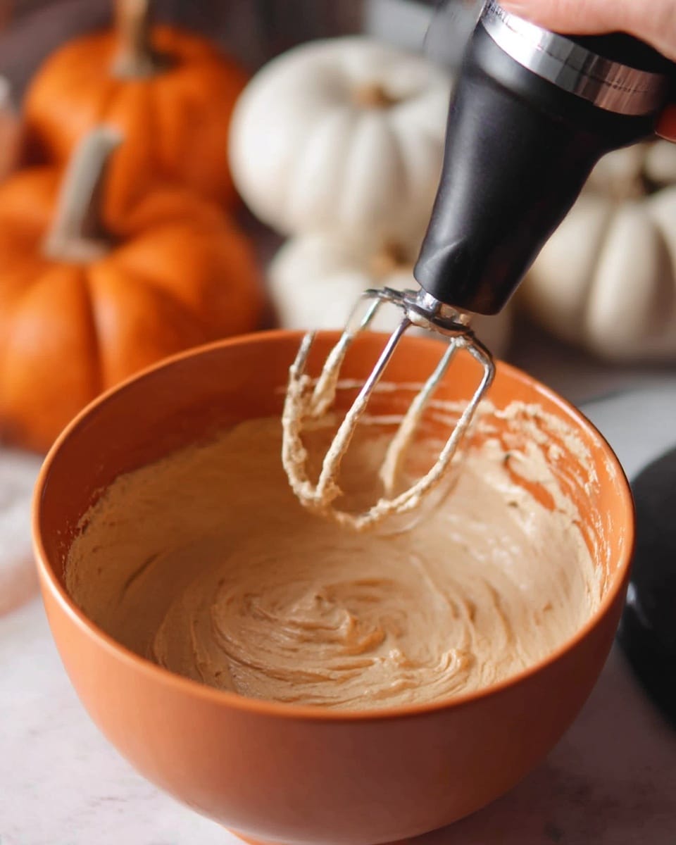 The image shows small round pumpkin pies with thick, light brown crusts as the base layer, each holding a smooth, shiny dark orange pumpkin filling; one pie on top is taken a small bite out of, revealing a layer of white cream inside just below the filling. On top of each pie, there is a small swirl of white whipped cream, and a few visible sprinkles of brown cinnamon powder on the cream. The pies are placed closely together on a white marbled surface. Photo taken with an iphone --ar 4:5 --v 7