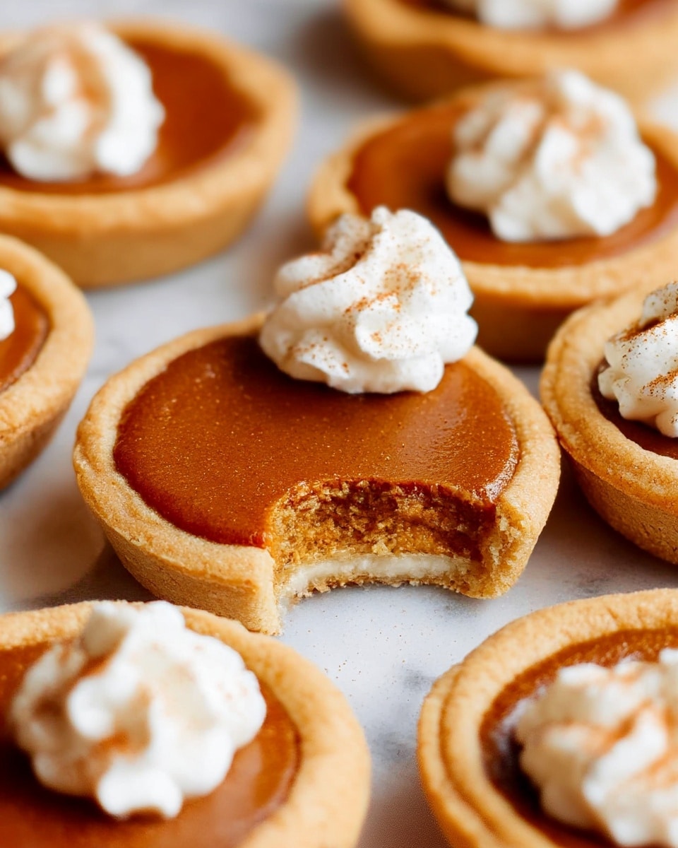 Several small pumpkin pies are arranged on a white marbled surface covered with light brown parchment paper. Each pie has one layer of light golden crust with a slightly uneven edge and a smooth, dark orange-brown pumpkin filling in the center. Some pies have a small dollop of white whipped cream shaped like a flower on top, sprinkled lightly with cinnamon powder. Near the bottom left is a small white pumpkin-shaped item with a dark brown stem. photo taken with an iphone --ar 4:5 --v 7