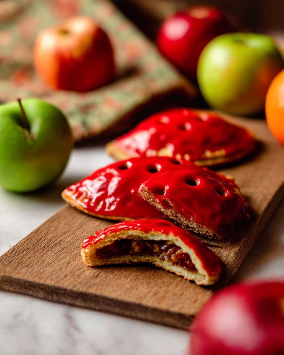 The image shows a wooden round board placed on a white marbled surface. On the board, there are three red pastries with a shiny icing, each decorated with small round holes resembling seeds and green leaf shapes at the top, mimicking apples. Next to these, there is a single golden brown pastry shaped like an apple with five small round holes in the center revealing a darker filling. In front of these pastries, a green apple is sliced in half, showing its light green flesh and seeds inside. Behind the board, there are two whole green apples and one red apple placed on the white marbled surface. A lit beige candle with melted wax pooling around its base stands on the right side, while a patterned yellow and red cloth is seen in the background. photo taken with an iphone --ar 4:5 --v 7