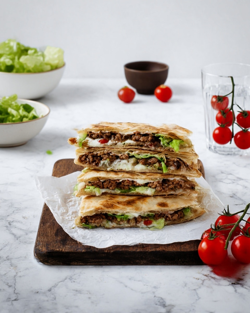 Four folded flatbread sandwiches stacked on a dark wooden cutting board with white parchment paper underneath. Each sandwich layer shows a filling of brown cooked ground meat, green leafy lettuce, and some creamy white sauce with hints of red sauce. In the background on the left, there is a white bowl with green lettuce and a small dark brown bowl, plus a single cherry tomato. On the right side, there is a clear glass of water and a cluster of bright red cherry tomatoes on their vine resting on the white marbled surface. The overall color palette is natural and fresh. Photo taken with an iphone --ar 4:5 --v 7