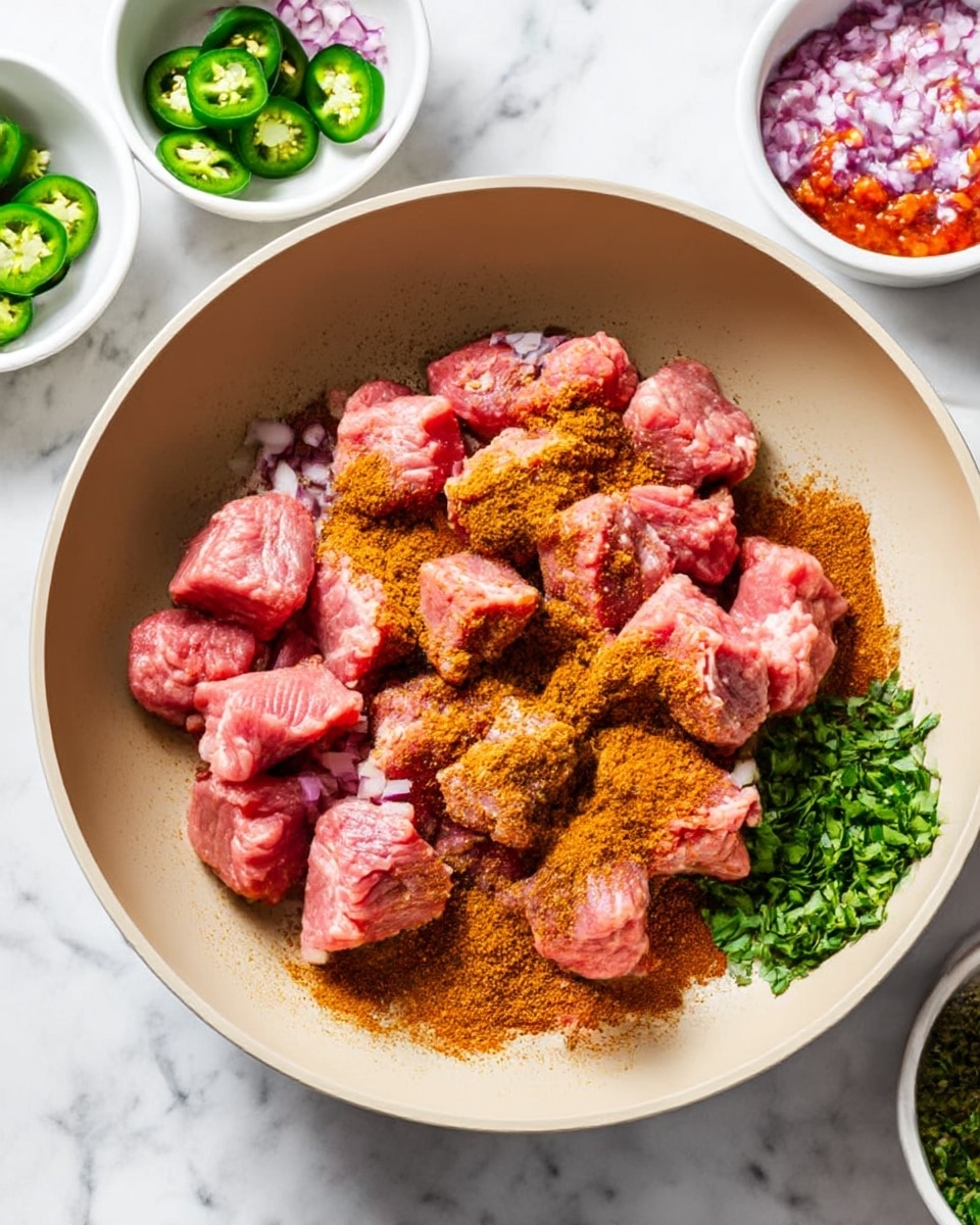 A light beige pan filled with uneven chunks of raw pink ground meat spread out, topped with a layer of orange-brown seasoning powder scattered unevenly across the meat. Around the pan, four small white bowls are visible: one with sliced green jalapeños on the top left, one with diced red onions below it, one with finely chopped bright green herbs at the bottom right, and one with a chunky red salsa on the top right, all set on a white marbled surface. Photo taken with an iphone --ar 4:5 --v 7