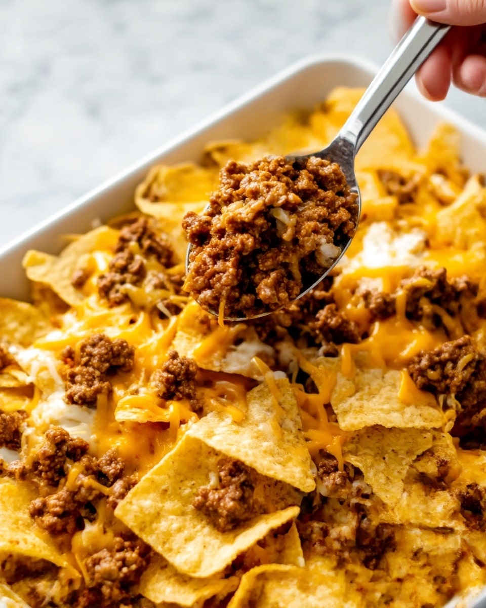 A large gold tray filled with layered nachos starting with a base of crisp beige tortilla chips. On top, there is a layer of melted yellow cheese mixed with browned ground beef. Scattered across are fresh green avocado chunks, bright red diced tomatoes, and small pieces of purple onion. Thin green jalapeño slices are spread evenly across the dish. Several dollops of white sour cream sit on top along with chopped green cilantro leaves. The tray is placed on a white marbled surface with a small white bowl of sour cream, a white plate with sliced avocado and jalapeño, and a glass of lemonade nearby. photo taken with an iphone --ar 4:5 --v 7