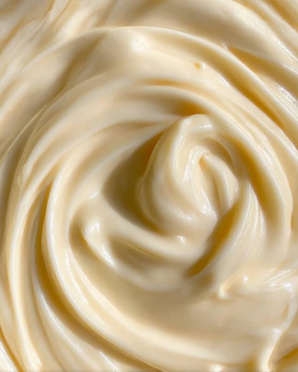 The image shows a close-up of smooth, creamy, pale yellow sauce with soft swirls and gentle folds creating a silky texture. The sauce fills the frame with a glossy surface that catches the light, showing subtle shadows in the curved waves. The background is a white marbled texture, adding a clean and simple contrast to the creamy sauce. Photo taken with an iphone --ar 4:5 --v 7