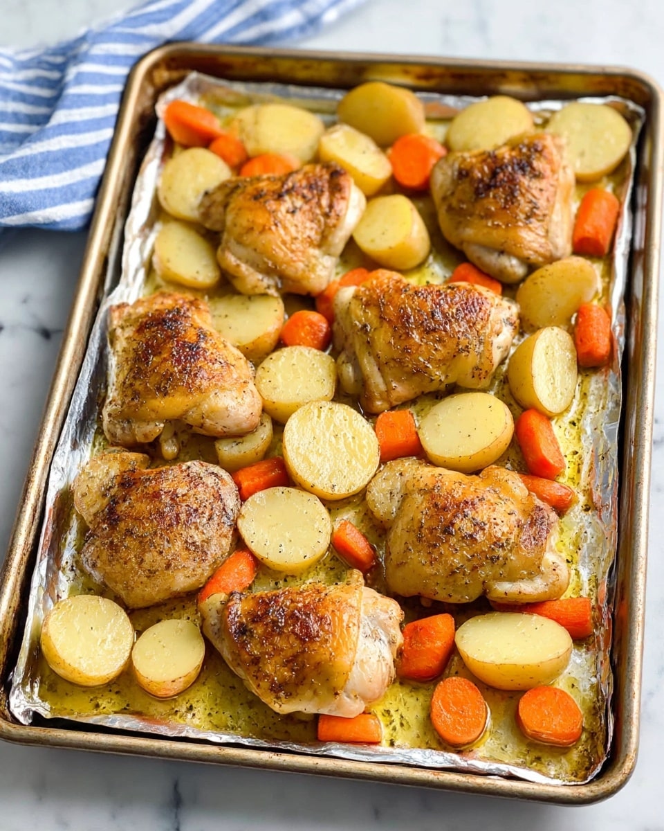 A metal baking tray lined with foil sits on a white marbled surface. On the tray, there are golden brown cooked chicken thighs arranged in two rows, each piece showing a slightly crispy, seasoned skin. Between the chicken pieces are light yellow round slices of cooked vegetables, smooth in texture, and bright orange carrot chunks with a soft look. The food is glistening with light oil, making it look fresh and juicy. In the background, a blue and white striped cloth napkin is seen. photo taken with an iphone --ar 4:5 --v 7