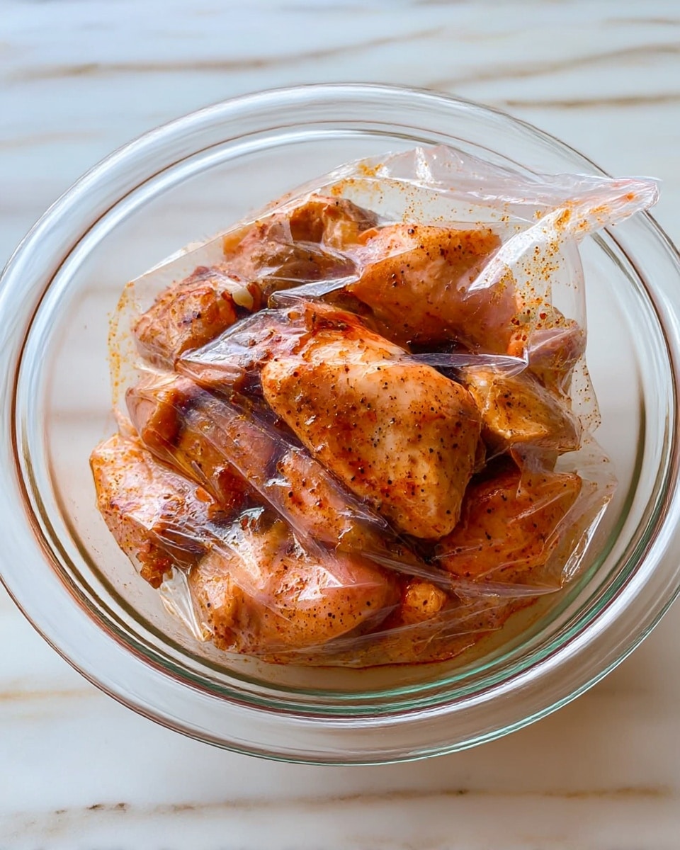 A clear glass bowl holds a sealed transparent plastic bag filled with raw chicken pieces covered in a reddish-brown marinade with visible black pepper specks; the chicken is layered tightly in the bag, which shows some condensation and juice inside. The bowl sits on a white marbled surface. Photo taken with an iphone --ar 4:5 --v 7