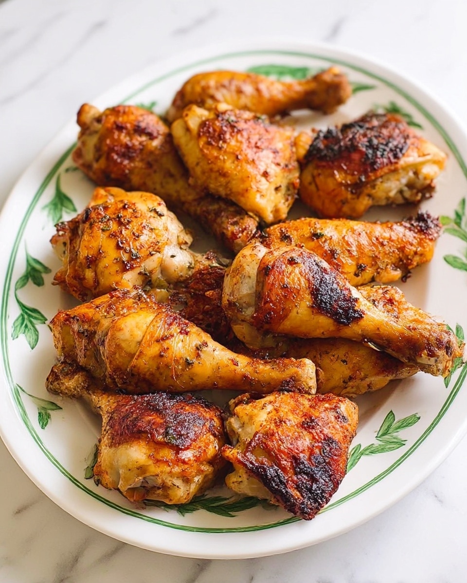 The image shows a white plate with a green leaf pattern on the rim, filled with eight pieces of roasted chicken, each browned and seasoned with a slightly crispy texture. The chicken pieces include a mix of drumsticks and thigh parts, all arranged close together covering most of the plate. The chicken skin has a golden brown color with some blackened spots indicating roasting. The plate sits on a white marbled surface. Photo taken with an iphone --ar 4:5 --v 7
