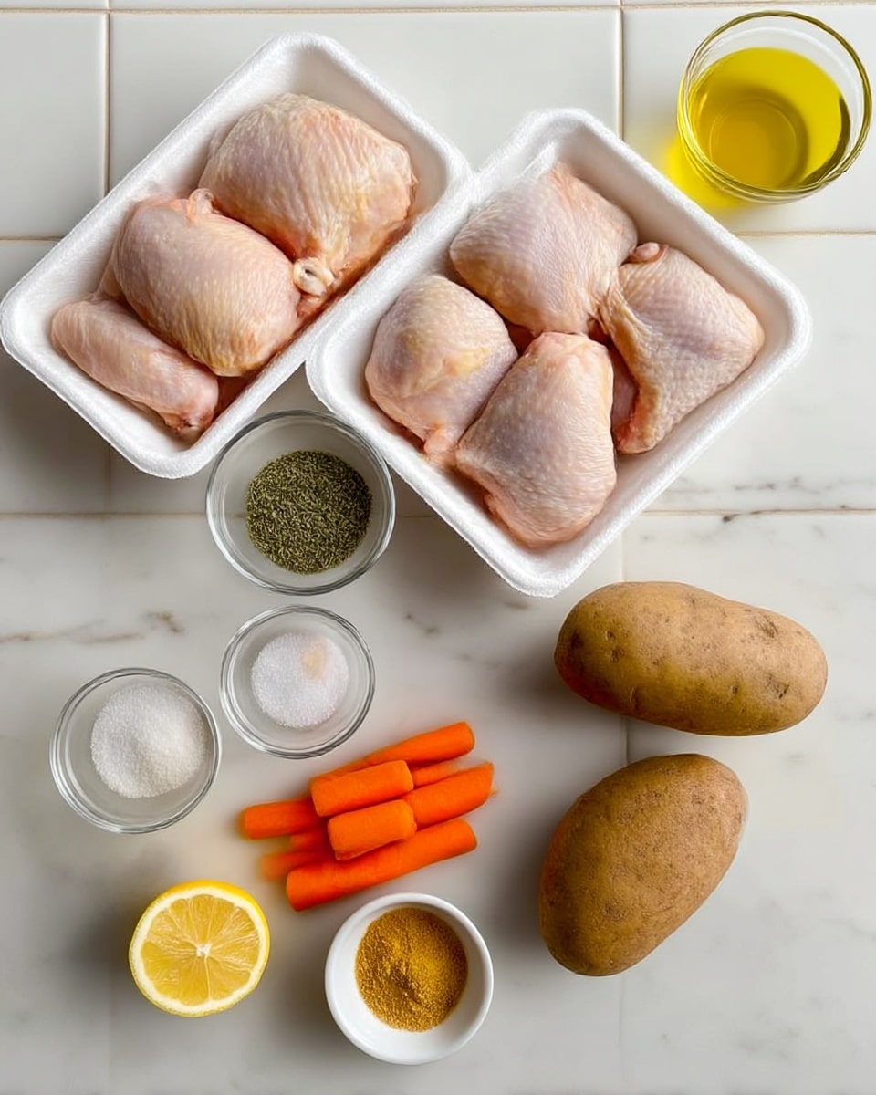 The image shows two white foam trays on a white marbled surface, each filled with raw chicken thighs that have a pinkish skin. To the right of the trays, there are two whole brown potatoes placed side by side. Below the potatoes is a small clear bowl of light green dried herbs next to a small clear bowl of white salt. A few bright orange carrot pieces are arranged near the bowls. There is also a glass bowl filled with yellow olive oil near the top right corner. Below the carrots and bowls, two lemon halves are placed with the cut sides facing up. Near the lemons, a small white bowl holds yellow-brown powdered spice, and two cloves of peeled garlic rest beside the bowl. The background is a white tiled wall. photo taken with an iphone --ar 4:5 --v 7