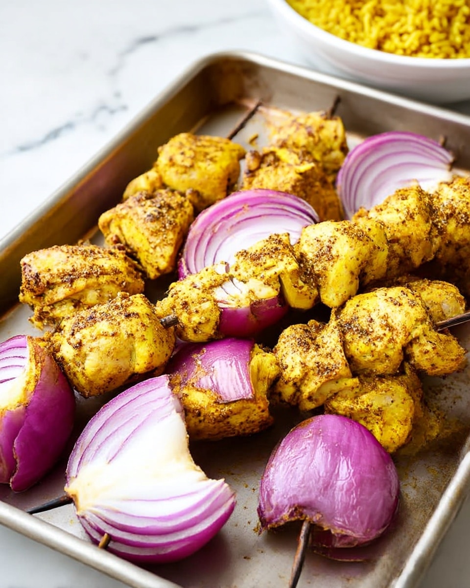 The image shows a metal tray sitting on a white marbled surface, filled with several skewers of yellow-spiced chicken pieces and large wedges of purple-red onion. The chicken pieces are seasoned with visible black pepper and spices, giving them a textured, slightly rough look. The onion wedges have smooth, shiny layers with clear white rings inside the bright purple outer skins. The skewers are placed horizontally on the tray, alternating between the chunks of chicken and onion, creating a colorful contrast between the yellow chicken and purple onion. In the background, part of a white bowl with yellow rice is slightly visible. Photo taken with an iphone --ar 4:5 --v 7