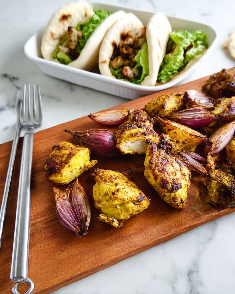 Grilled kabobs are shown close up on metal skewers resting on a dark metal tray with ridges. Each skewer has three layers: the bottom and top layers are rich purple grilled onion sections with char marks, and the middle layer is golden brown grilled chicken pieces with some darker grilled spots. The metal tray has a slightly worn texture and the scene is set on a white marbled surface. The focus is on the crisp textures and warm colors of the skewers. Photo taken with an iphone --ar 4:5 --v 7