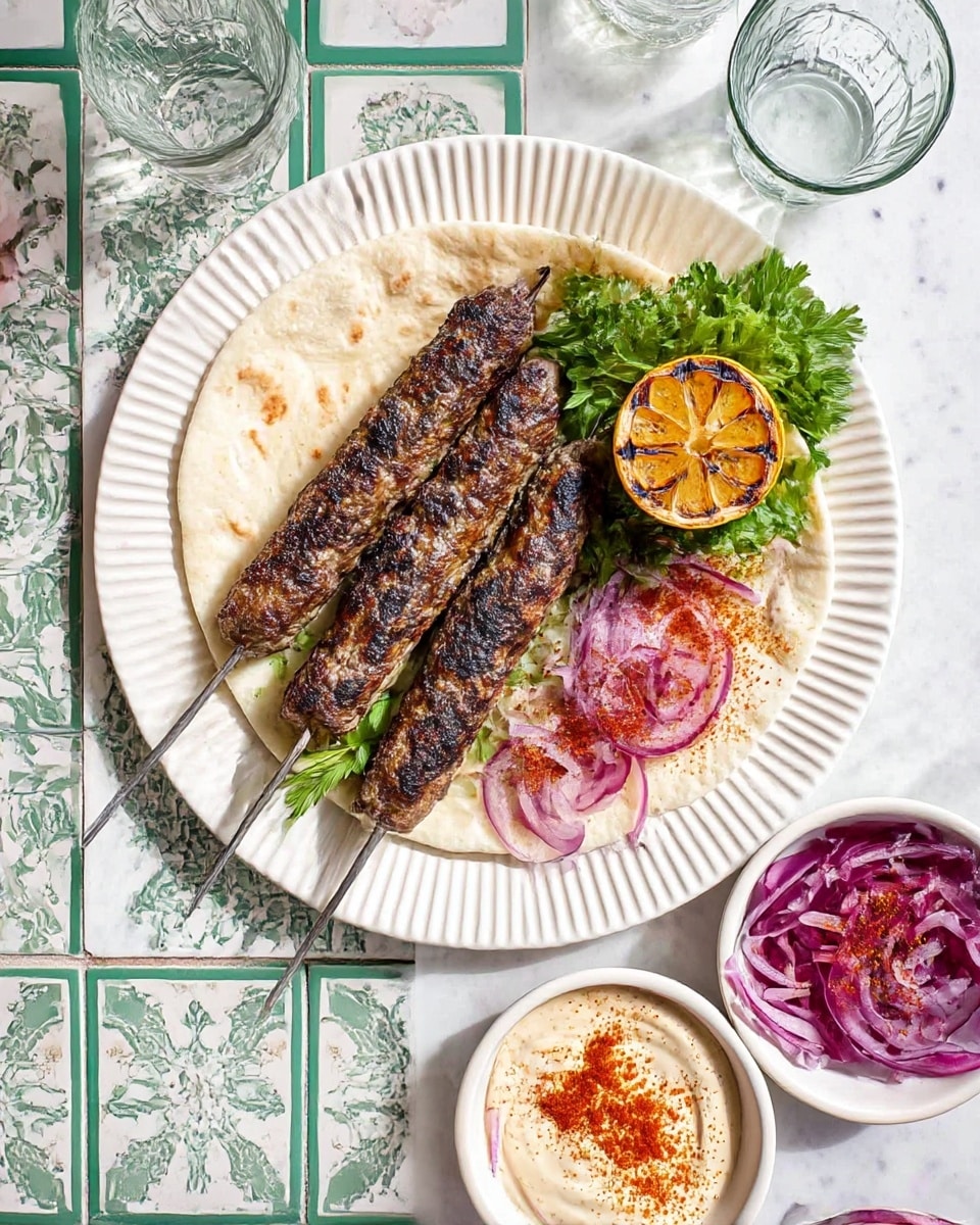 The dish shows four long, grilled kebabs with a dark brown charred texture placed on top of a single flat, light beige pita bread on a white plate with ridged edges. To the right side of the plate, there are thin slices of reddish-purple onion sprinkled with a red spice, and a small bunch of bright green parsley leaves. Above the kebabs, a half round grilled lemon with dark brown grill marks sits in the center. On the upper right of the plate, there is a small white bowl of creamy, light beige sauce topped with a sprinkle of the same red spice. Next to the plate, on the white marbled surface, is a smaller white bowl with additional reddish-purple onion slices similarly sprinkled with the red spice. The entire setting is on a white marbled surface with light green and gray decorative tiles, with two clear glasses partially in the frame. A woman's hand is holding one of the skewers from the left side of the plate. photo taken with an iphone --ar 4:5 --v 7