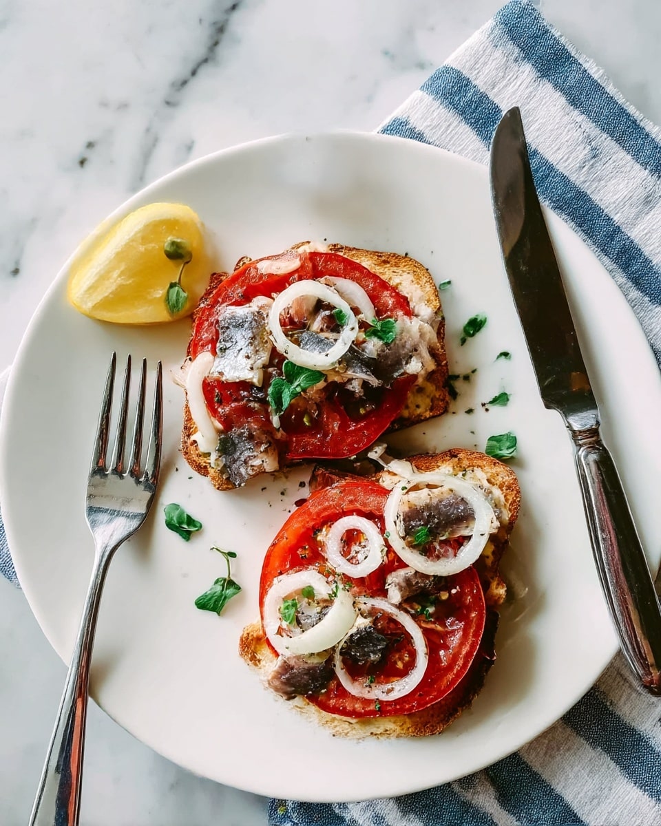 A slice of toasted bread with a crispy golden-brown texture forms the base. On top, there is a layer of round red tomato slices, followed by two pieces of silver-skinned fish laid side by side. Thin, white rings of raw onion are scattered over the fish, along with small green herb leaves for garnish. Two lemon wedges sit on either side of the toast. All of this is arranged on a white plate with black striped pattern, resting on a white marbled surface. photo taken with an iphone --ar 4:5 --v 7