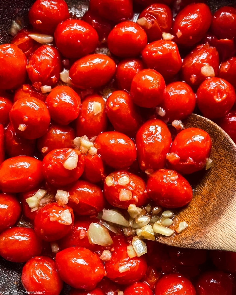 A close-up view of a white bowl filled with cooked rice mixed with bright red roasted cherry tomatoes, scattered evenly throughout the dish. The rice is orange-tinted and has a moist, slightly sticky texture. Small green mint leaves are placed sporadically on top for color contrast. There is a light sprinkle of grated cheese over the rice and tomatoes. A silver fork rests on the right edge of the bowl. The bowl is set on a white marbled surface, with a grey and white striped cloth partially visible at the bottom right corner. Photo taken with an iphone --ar 4:5 --v 7