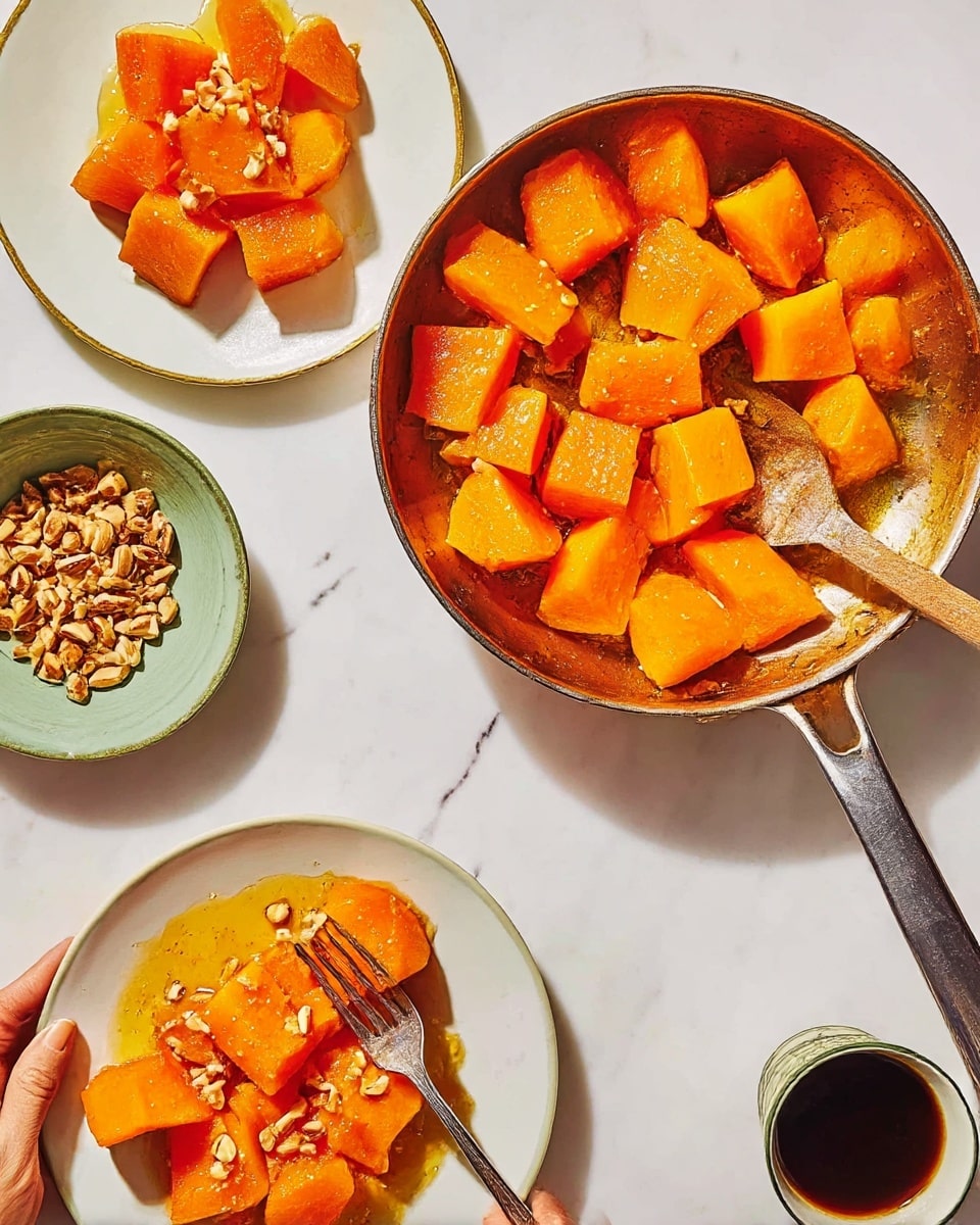 A white plate in the middle filled with many thick, yellow-orange pumpkin chunks stacked loosely. Around the plate on a white marbled surface are several small white bowls: one with light brown chopped nuts, one with a creamy dressing or sauce, one with whole cloves, and a whole yellow lemon near the top right side. On the left side, there is a white bowl filled with white granulated sugar and a few extra pumpkin pieces lying on the surface next to the plate. The image shows soft natural light and clear shadows. photo taken with an iphone --ar 4:5 --v 7
