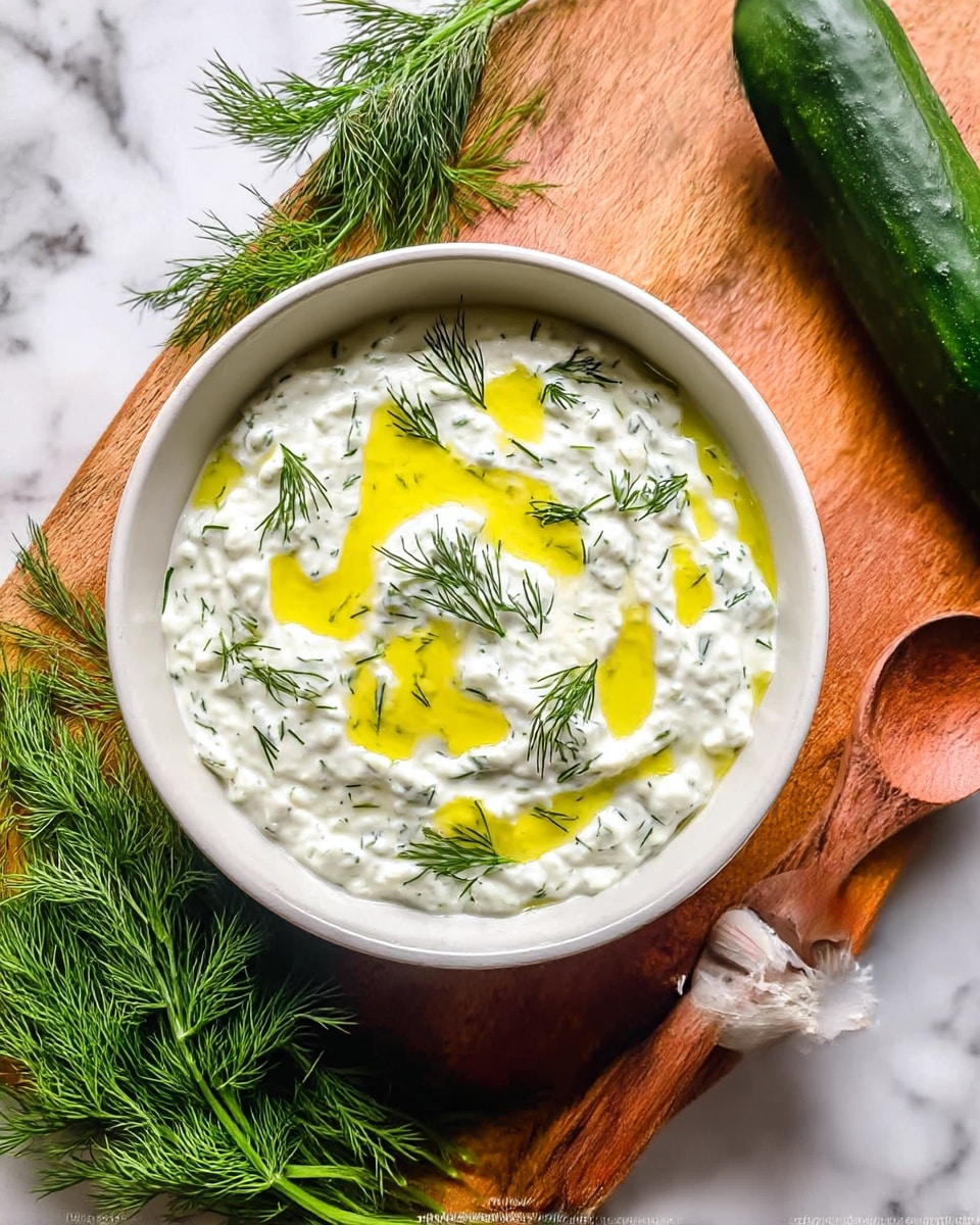 A rough-textured dark bowl holds a creamy white dip with visible small green herb bits mixed inside. The top layer has a few small puddles of yellow oil and is sprinkled with fresh green dill sprigs. The bowl sits on a white marbled surface with a single garlic clove nearby. photo taken with an iphone --ar 4:5 --v 7