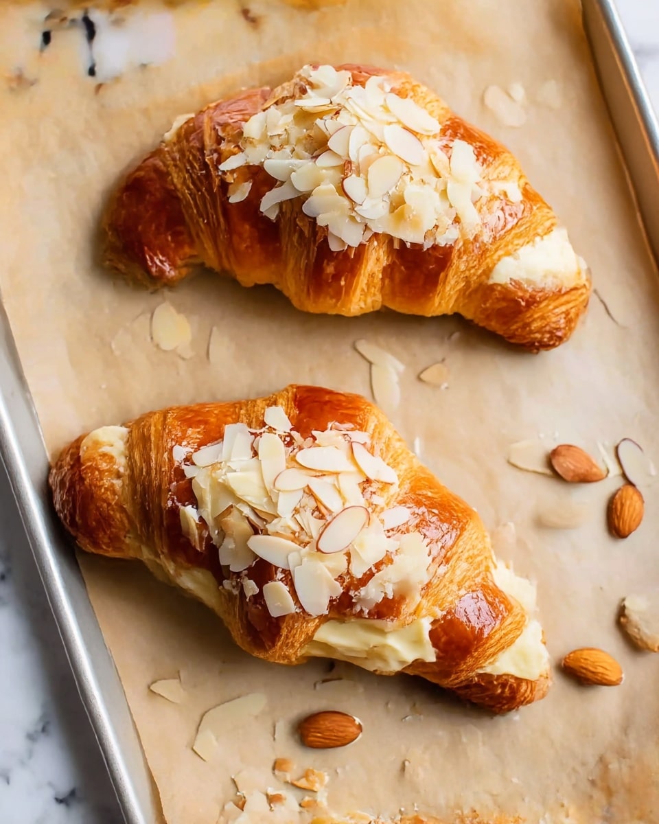 The image shows four almond croissants on a baking tray lined with brown parchment paper. Each croissant has a golden-brown flaky crust with edges that are slightly darker and crisp. The croissants are topped with thin sliced almonds and dusted with a fine layer of powdered sugar that lightly covers the surface and some scattered on the parchment paper. The almond layers create a textured look on top, and the overall color is warm with crunchy details visible on the sides. The tray sits on a white marbled surface. photo taken with an iphone --ar 4:5 --v 7